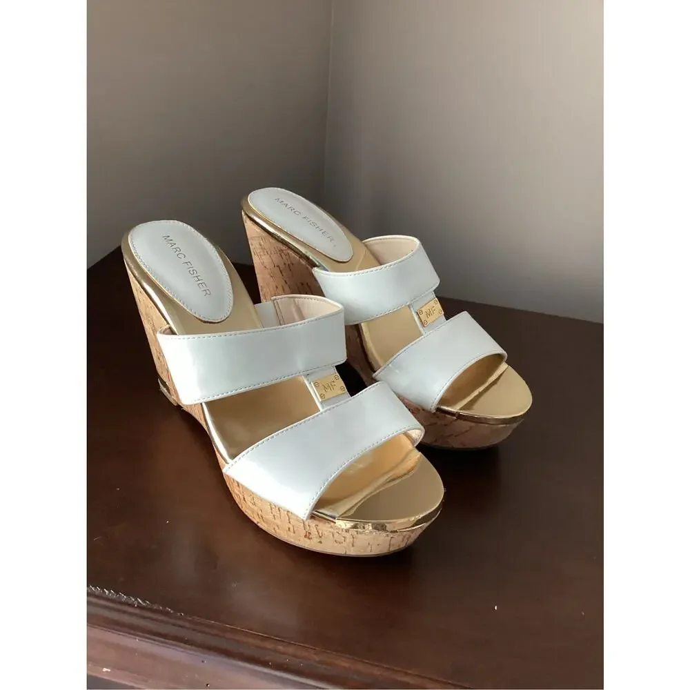 Marc Fisher Women's wedges sandals white straps gold tones cork platform heel 7